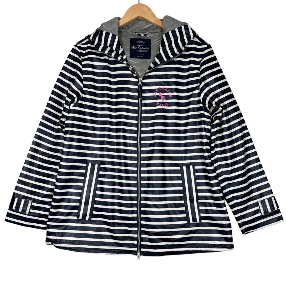 Charles River Rain Jacket Women Large Navy White Bar Harbor Maine Nautical